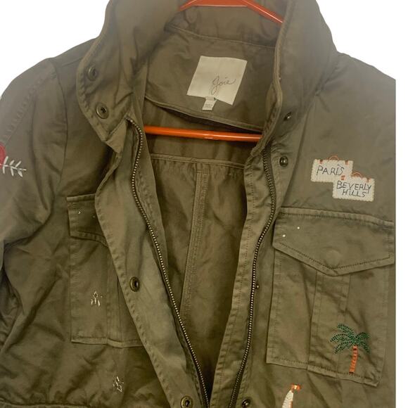 Joie Army Jacket XS Olive Green Hood Embroidered Zip Snap Close Military Womens - Picture 7 of 9